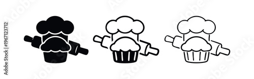 Baking and Patisserie Icons Set Featuring Cupcake, Chef Hat, and Rolling Pin