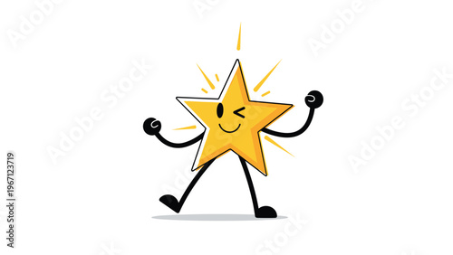 Cheerful personified yellow star character with arms and legs winking and dancing with joy in a cute cartoon illustration.