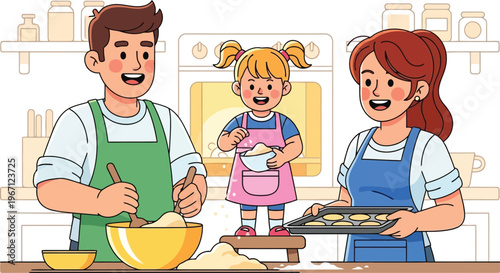 Happy family baking together, parents and child preparing dough and cookies in a warm kitchen setting. Joyful home cooking activity, vector illustration for family bonding and culinary fun.