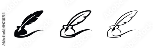 Quill Pen and Inkwell Icons Set Representing Classic Writing Tools