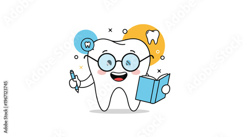 Friendly cartoon tooth character wearing glasses and holding a book and pen represents dental education and pediatric oral hygiene.