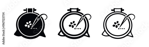 Embroidery hoop icon set with needle and flower stitch pattern. Handcraft art and sewing hobby symbols.