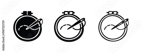 Embroidery hoop and needle icon set with simple stitch. Handcraft art and sewing hobby symbols.
