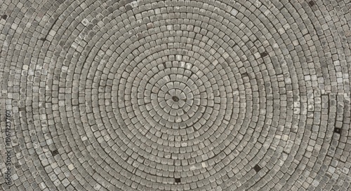 A circular cobblestone pathway forms a radial pattern. The stones are gray and weathered, creating a textured surface.