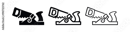 Hand plane woodworking tool icon set. Carpenter's plane silhouette and outline symbols for wood craft.
