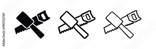 Crossed saw and hammer tools icon set. Construction, carpentry, and building symbols for renovation.
