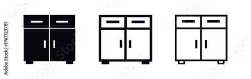 Cabinet with drawers and doors icon set. Home storage furniture symbol illustration for kitchen or office.