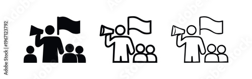 Protest and demonstration icon set with megaphone and flag. Public speech and activism symbols.