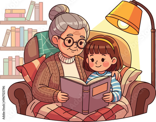 Cozy grandmother and granddaughter reading a storybook together, heartwarming family moment, intergenerational bonding, educational children's illustration, vector art for learning and literacy.