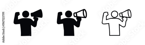 Activist with megaphone and raised fist icons. Protest, announcement, and revolution symbols.