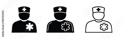 Male doctor or paramedic icon set. Medical professional avatar symbol in three styles on white background.