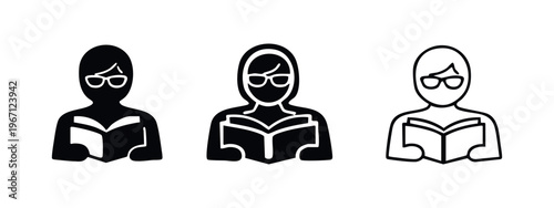 Person reading a book icon set. Student or reader avatar symbol in three styles on white background.