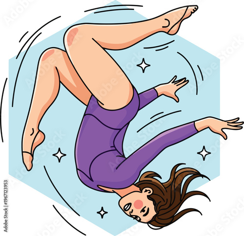 Dynamic female gymnast performing a backflip, athletic woman in purple leotard mid-air, energetic acrobatic movement, fitness and sports vector illustration