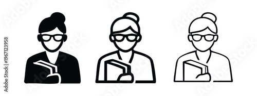Woman reading or holding a book icon set. Female student or intellectual symbol in three styles on white.