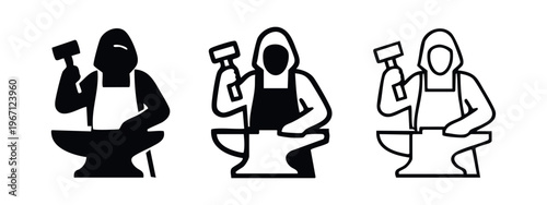 Female blacksmith or metalworker icon set. Woman forging metal with hammer and anvil in three styles.