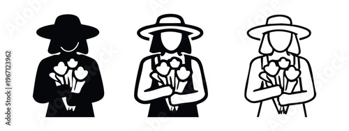 Woman gardener or florist icon set. Female person with hat holding a bouquet of flowers in three styles.