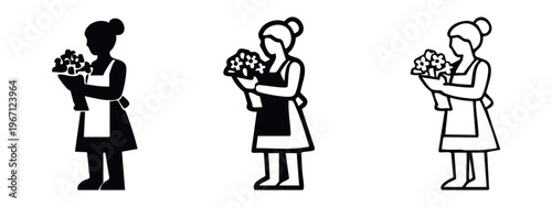 Female florist or gardener icon set. Woman in apron holding a potted plant in three styles.
