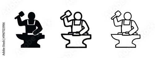 Male blacksmith or metalworker icon set. Man forging metal with hammer and anvil in three styles.