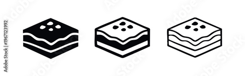 Layered Dessert or Cake Icon Set with Square Topping. Sweet treat vector illustration in solid, outline, and thin line styles.