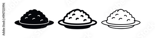 Homemade Bowl of Rice or Mashed Potatoes Icon Set. Vector illustration in solid, outline, and thin line styles.