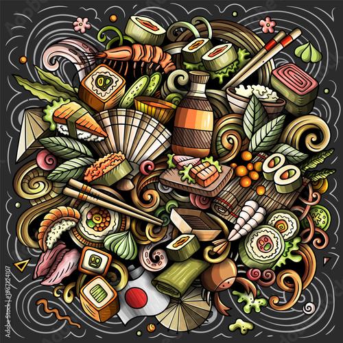 Japanese Food chalkborad vector illustration with rolls, nigiri, sashimi, fish, rice, chopsticks, soy sauce and Japanese cuisine elements. 