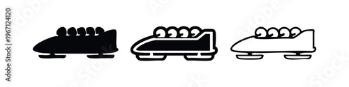 Five-person bobsled or bobsleigh team sport icons in solid and outline styles.