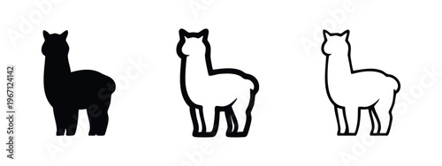 Alpaca or llama animal icons in solid and outline styles, standing silhouette.