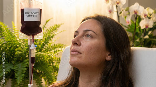 A woman receives an iron infusion from a drip labeled Iron Boost Complex, illustrating anemia treatment, nutrient therapy, medical recovery, and restorative healthcare in a calm clinical setting.