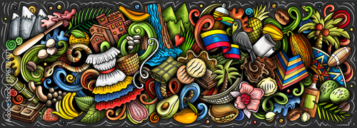 Colorful cartoon doodle vector illustration of Venezuela with cultural icons, nature, food, national clothing, and tropical elements. Funny Venezuelan whimsical banner design