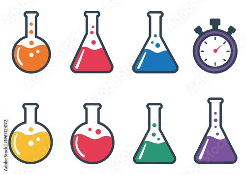 Colorful laboratory glassware collection representing scientific discovery and experimentation with diverse liquids in flasks and beakers, showcasing modern research, innovation, and chemistry concept