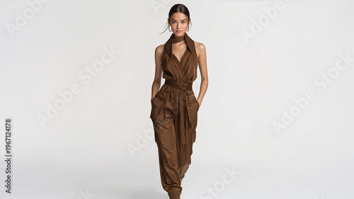 Beautiful young woman as a fashion model in a luxury high fashion catwalk fashion show