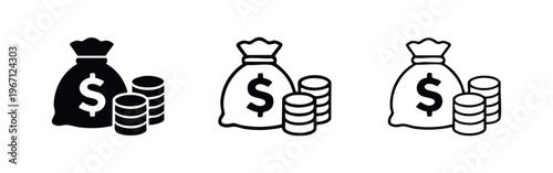 Money bag and coin stack icon set. Vector illustration of finance, banking, wealth, savings, or investment concepts.
