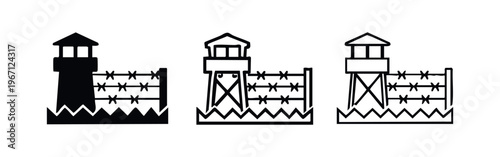 Watchtower and barbed wire fence icon set. Vector illustration of border security, prison, or restricted area concept.