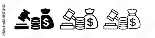 Money bag, gavel, and coins icon set. Vector illustration of financial law, auction, bankruptcy, or legal tender concepts.