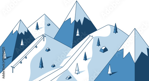 Stylized Snowy Mountain Range with Ski Slopes and Trees.