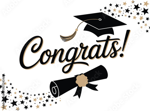 Graduation party congratulations sign, Class of 2026 academic cap and diploma vector illustration for ceremony invitation banner and academic celebration design.