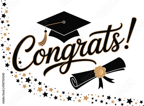 Graduation party congratulations sign, Class of 2026 academic cap and diploma vector illustration for ceremony invitation banner and academic celebration design.