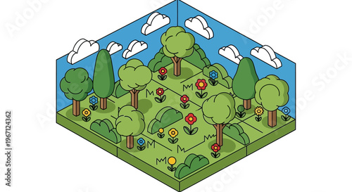 Isometric cartoon forest landscape with trees and flowers.