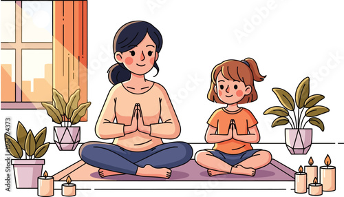 Serene mother and daughter practicing yoga together, a peaceful family meditation session, mindful wellness and bonding activity, calm indoor exercise vector illustration