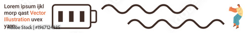 Renewable energy, technology, sustainability, motion, power flow, minimal design. Abstract battery icon with lines energy waves, person carrying an object. Renewable energy and technology