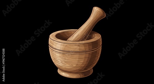 Hand-drawn illustration of a rustic wooden mortar and pestle, an essential kitchen tool for grinding spices, herbs, and preparing ingredients, isolated on a clean dark background