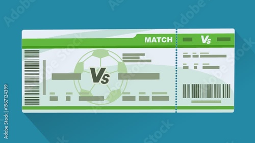 Animated soccer match ticket moving from left to right on a blue background with a long shadow. (loopable)