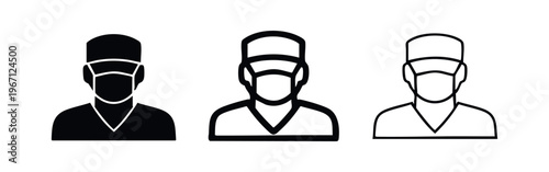 Doctor or Surgeon with Face Mask Icon Set. Medical Professional in Scrubs and Surgical Cap.