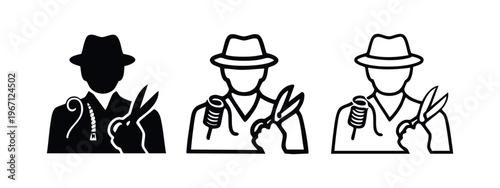 Tailor or Seamstress Icon Set. Fashion Designer with Scissors, Thread, and Fedora Hat.