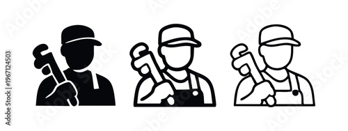 Plumber Icon Set. Handyman Holding a Pipe Wrench. Repair and Maintenance Professional.