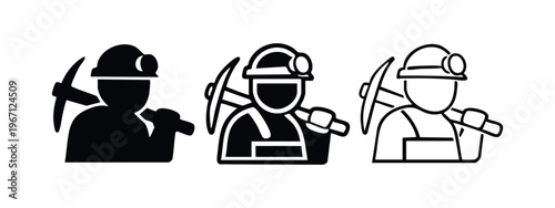 Professional miner with pickaxe icon set in three distinct styles