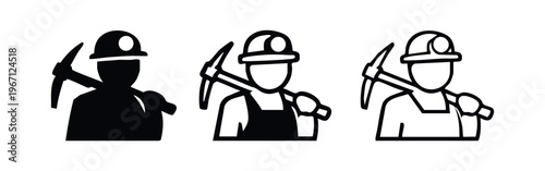 Miner icon carrying pickaxe over shoulder in three styles