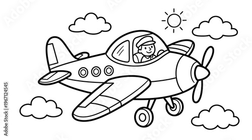 Delightful cartoon biplane with a cheerful child pilot soaring through a sunny sky amidst fluffy clouds evoking wonder and the joy of aviation for young adventurers and creatives.