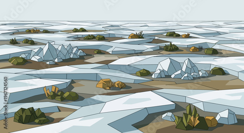 Arctic landscape with icebergs and vegetation.