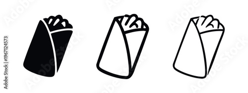 Burrito or Wrap Icon Set. Fast Food Mexican Dish Symbol in Solid and Outline Styles.